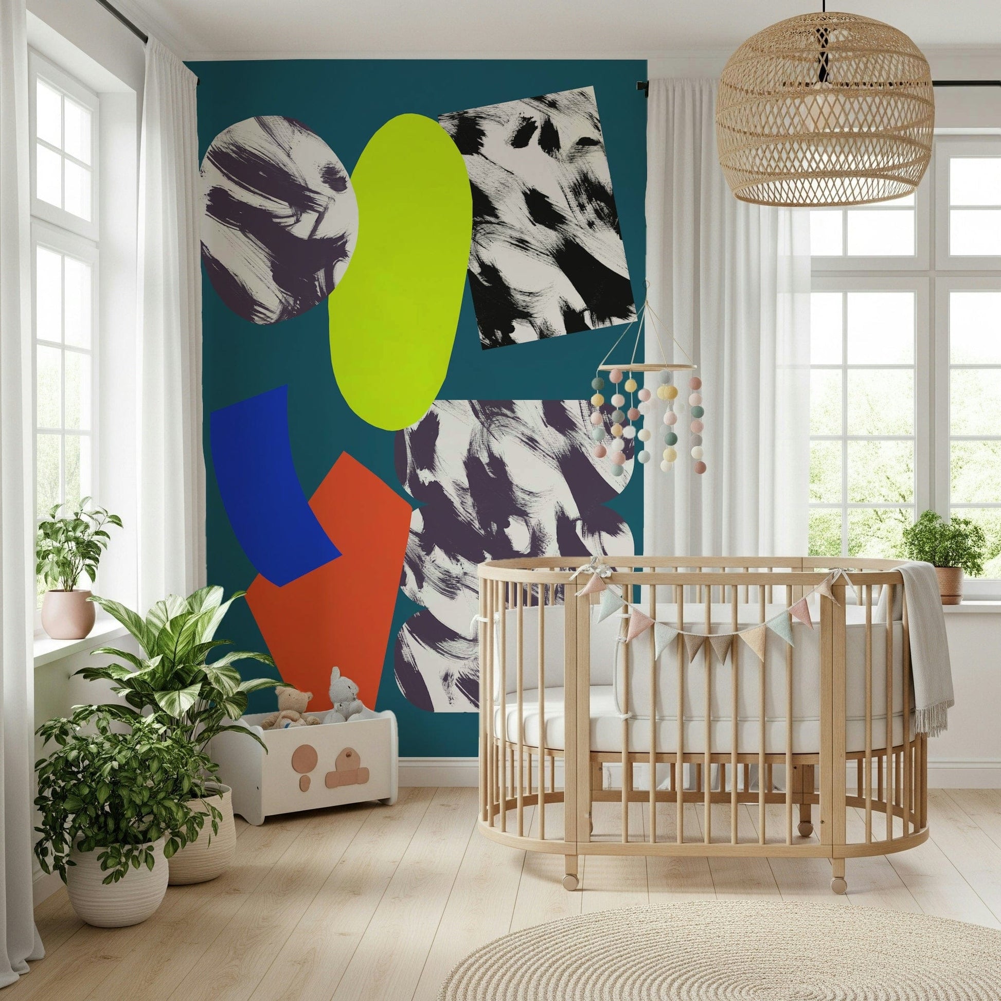 A colorful expressive wallpaper featuring splattered textures and playful geometric shapes.