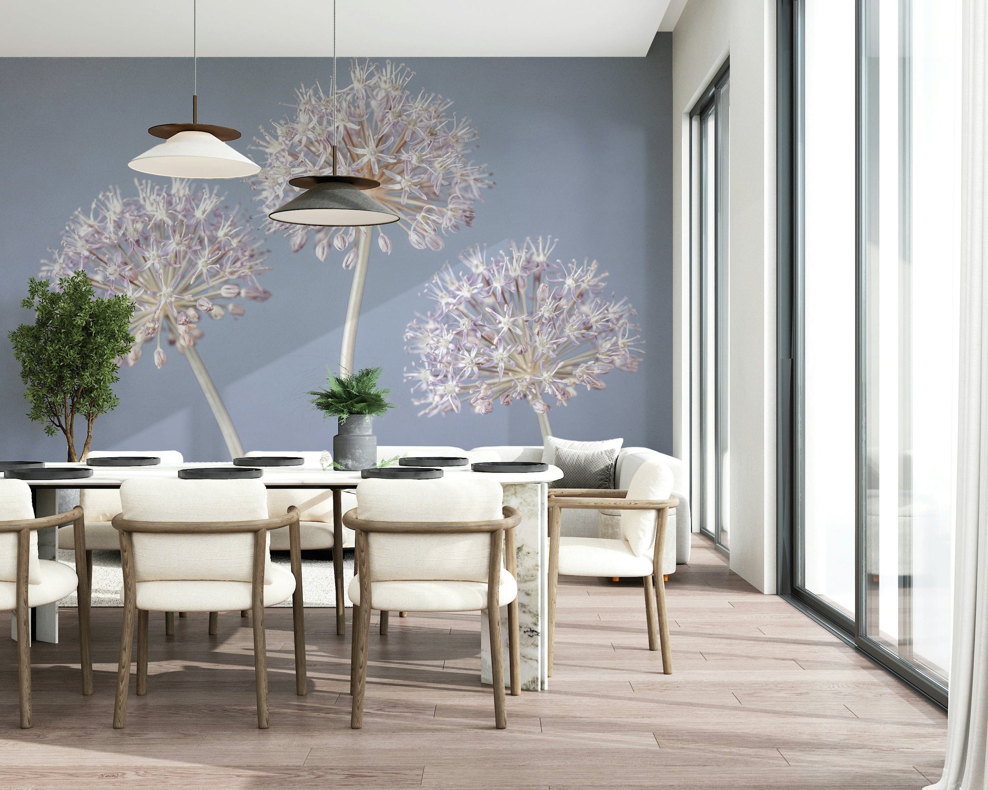 Three ethereal flower spheres, Allium Triplet peel and stick wallpaper.