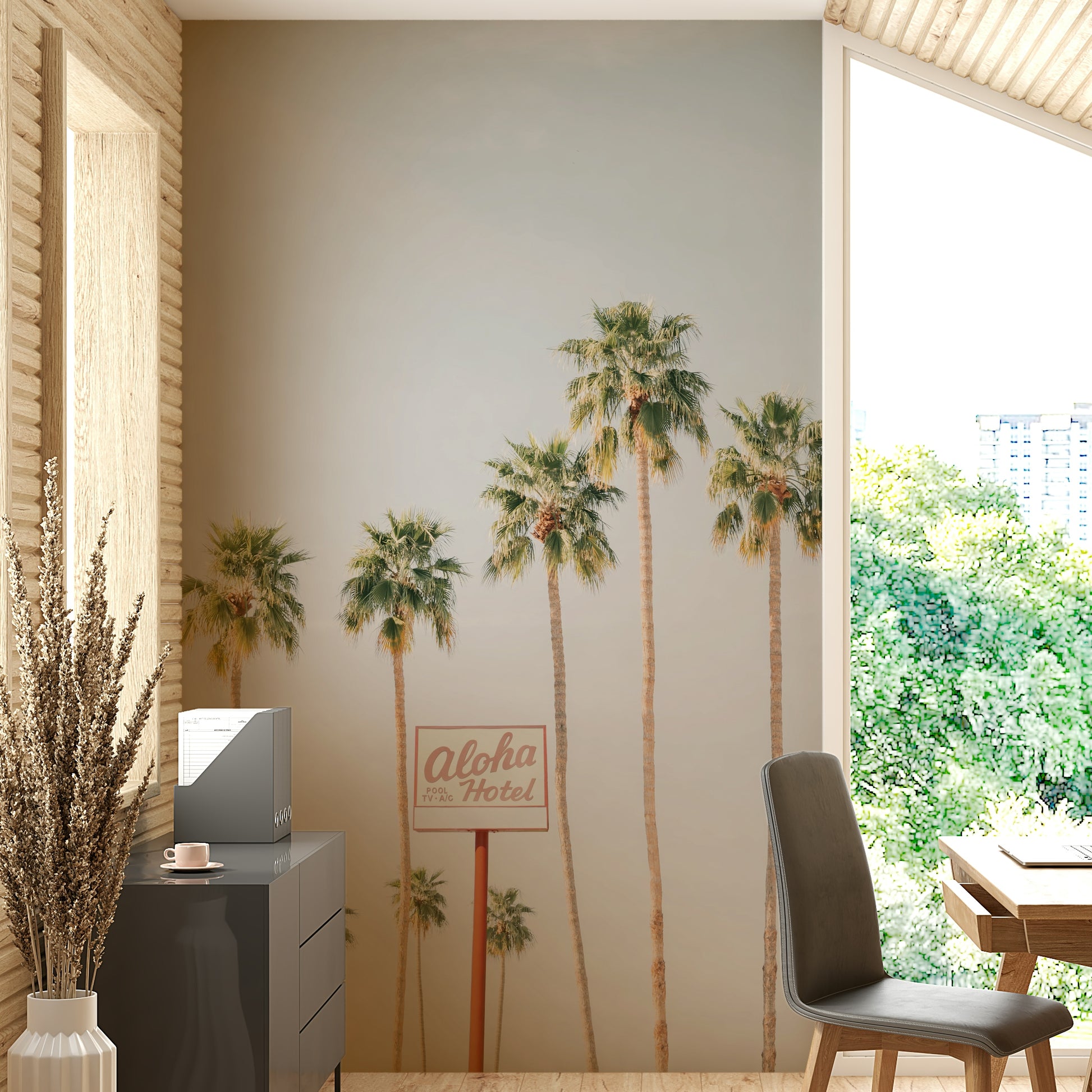 Island-themed wall mural with vacation-style art

