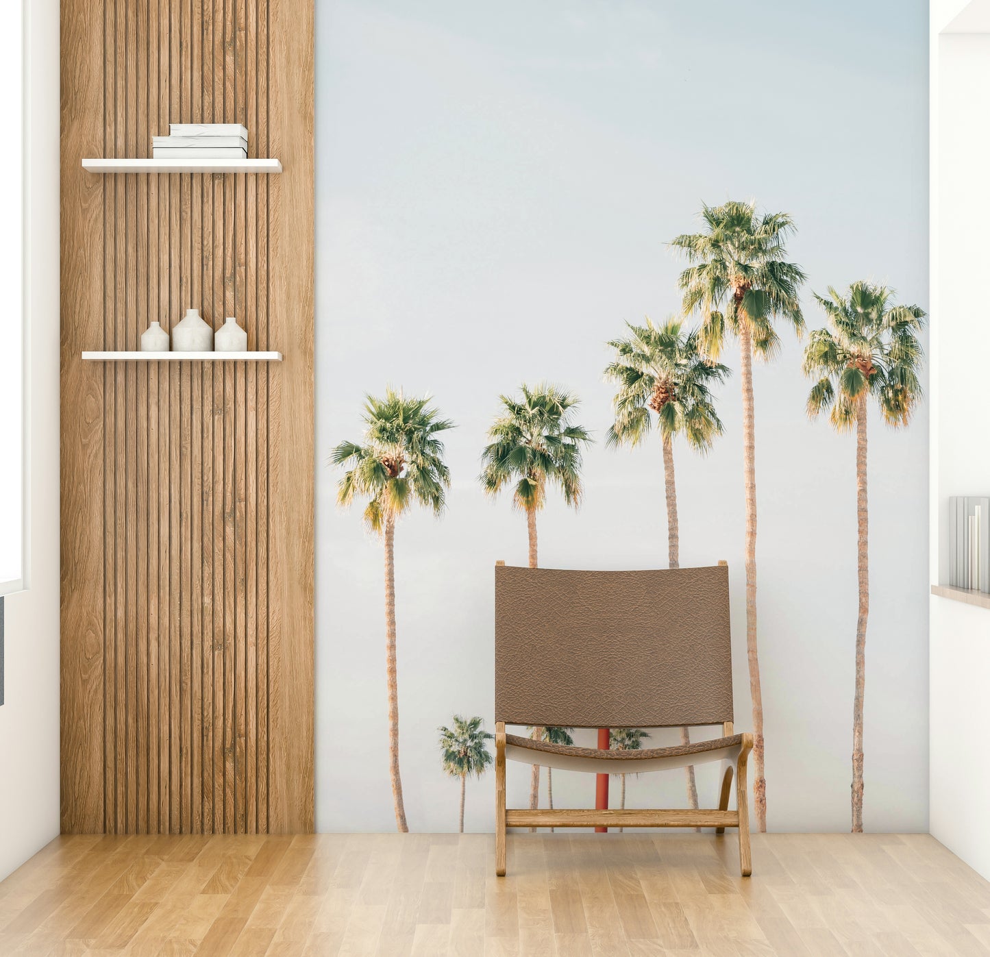 Retro hotel mural with palm trees and sunset view

