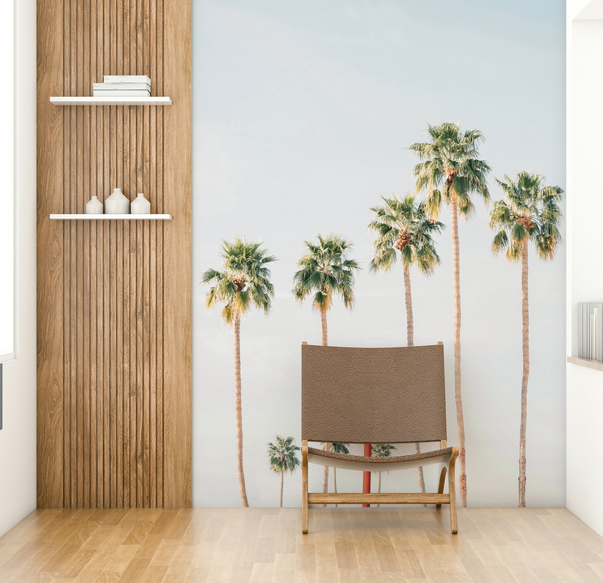 Retro hotel mural with palm trees and sunset view

