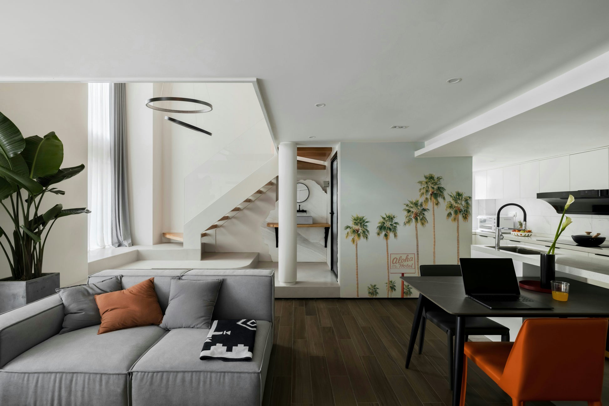 Colorful beach mural inspired by Aloha Hotel style

