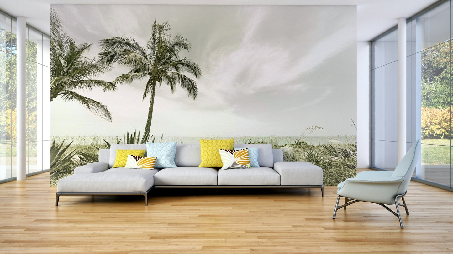 Coastal vintage mural featuring a quiet beach and calm atmosphere


