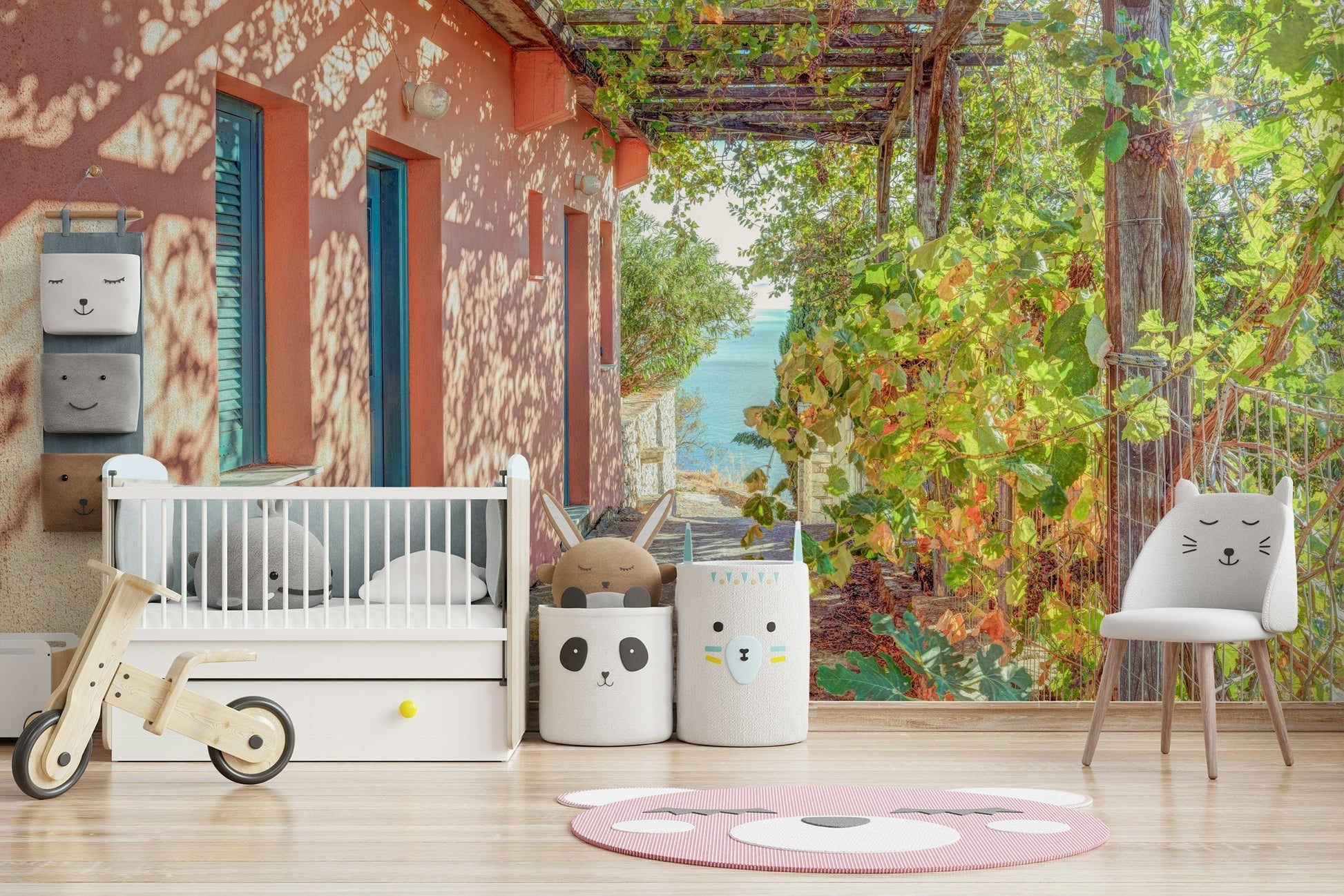 Sunny Greek holiday wall mural of an inviting outdoor island setting.