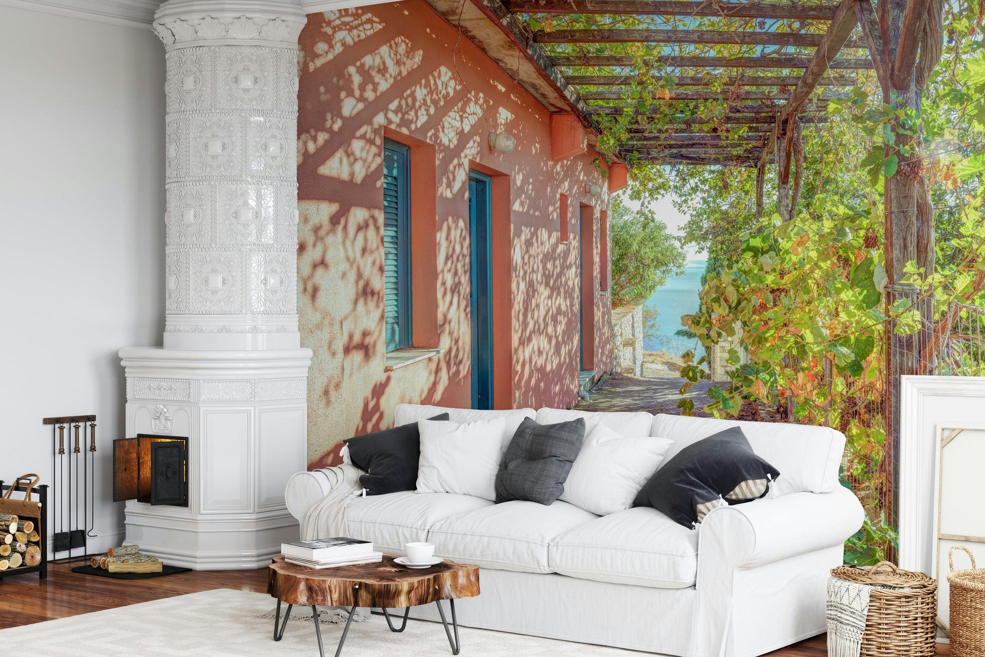 Alonissos House wallpaper captures sunlit pergola and sea view.