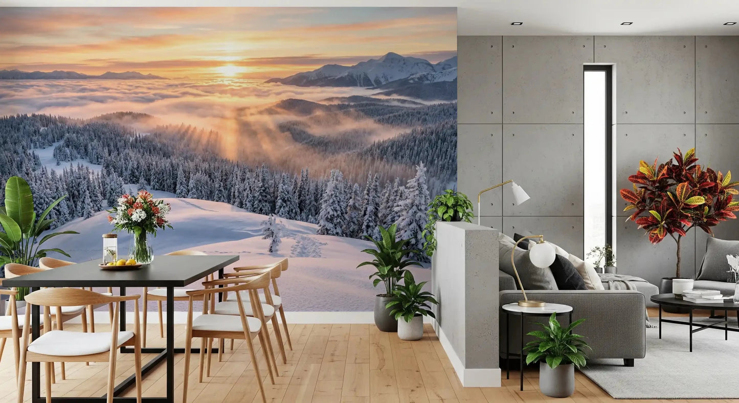 Snow landscape wall mural alpine forest sunrise glow