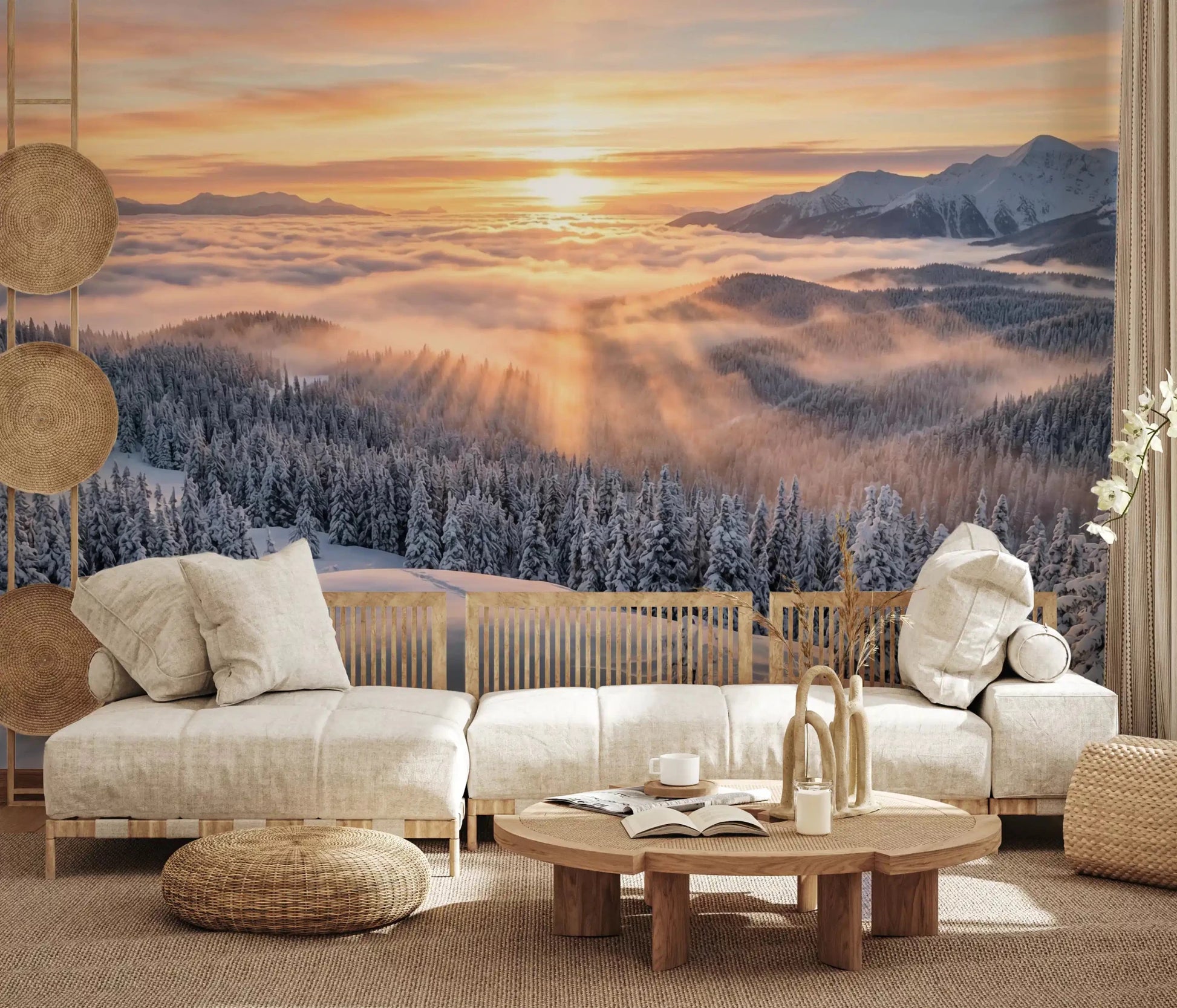 Alpine forest wall mural snow covered trees sunrise
