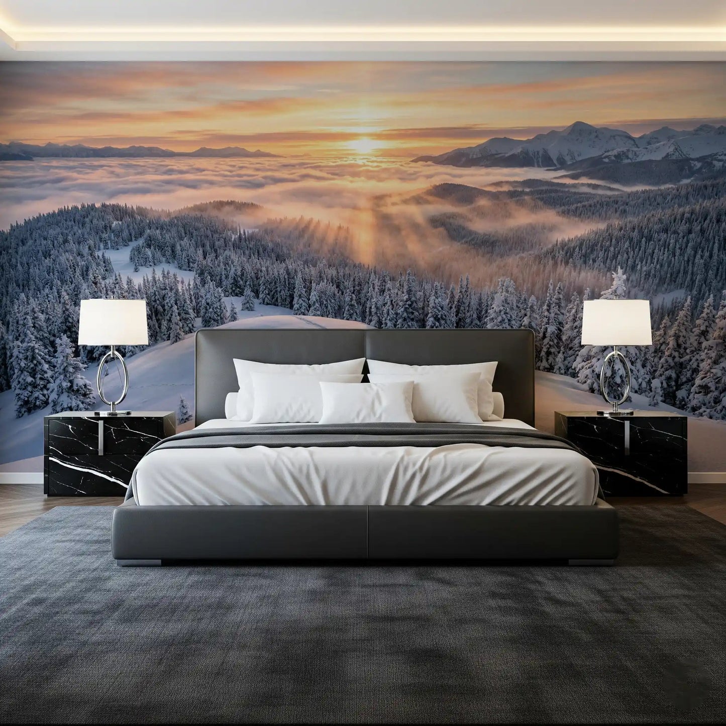 Bedroom alpine wall mural snowy forest sunrise scene
