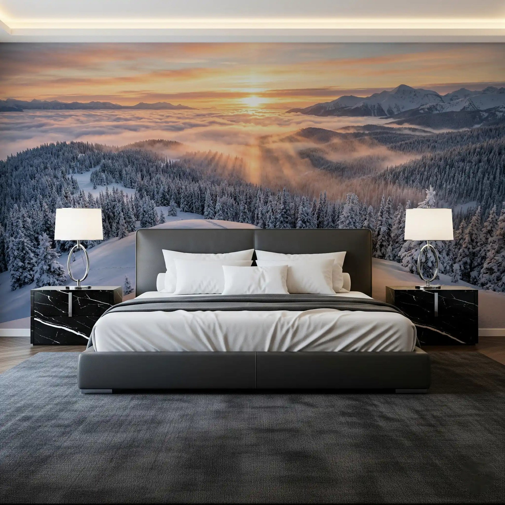 Bedroom alpine wall mural snowy forest sunrise scene