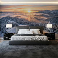 Bedroom alpine wall mural snowy forest sunrise scene