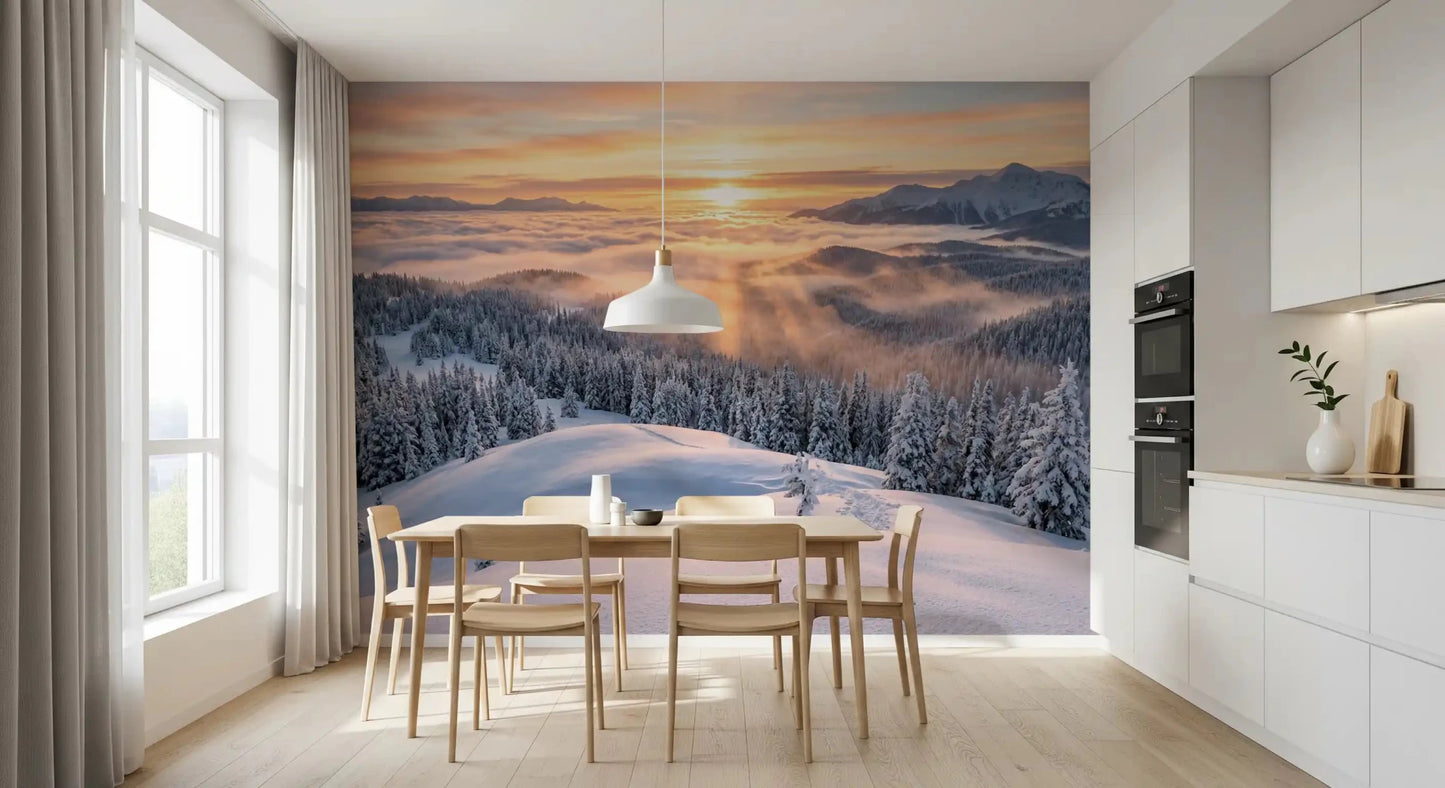 Winter mountain wall mural snowy hills misty clouds