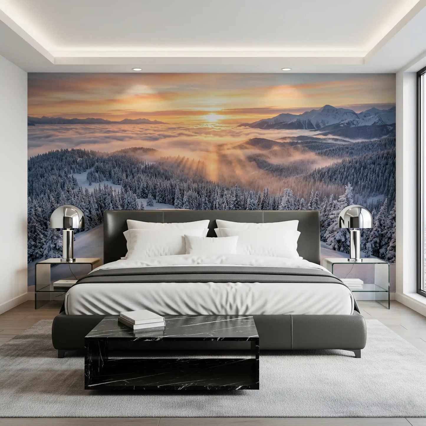 Scenic winter wall mural snow peaks and glowing sky