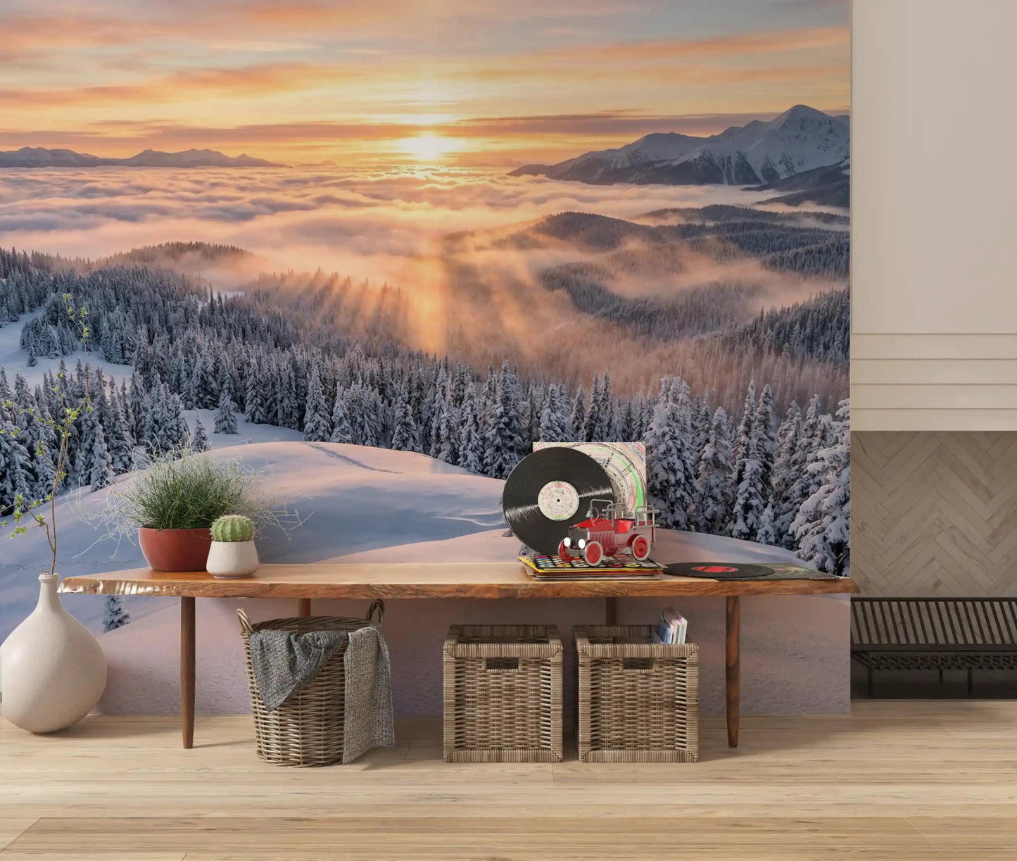 Hallway winter landscape mural snow hills and trees