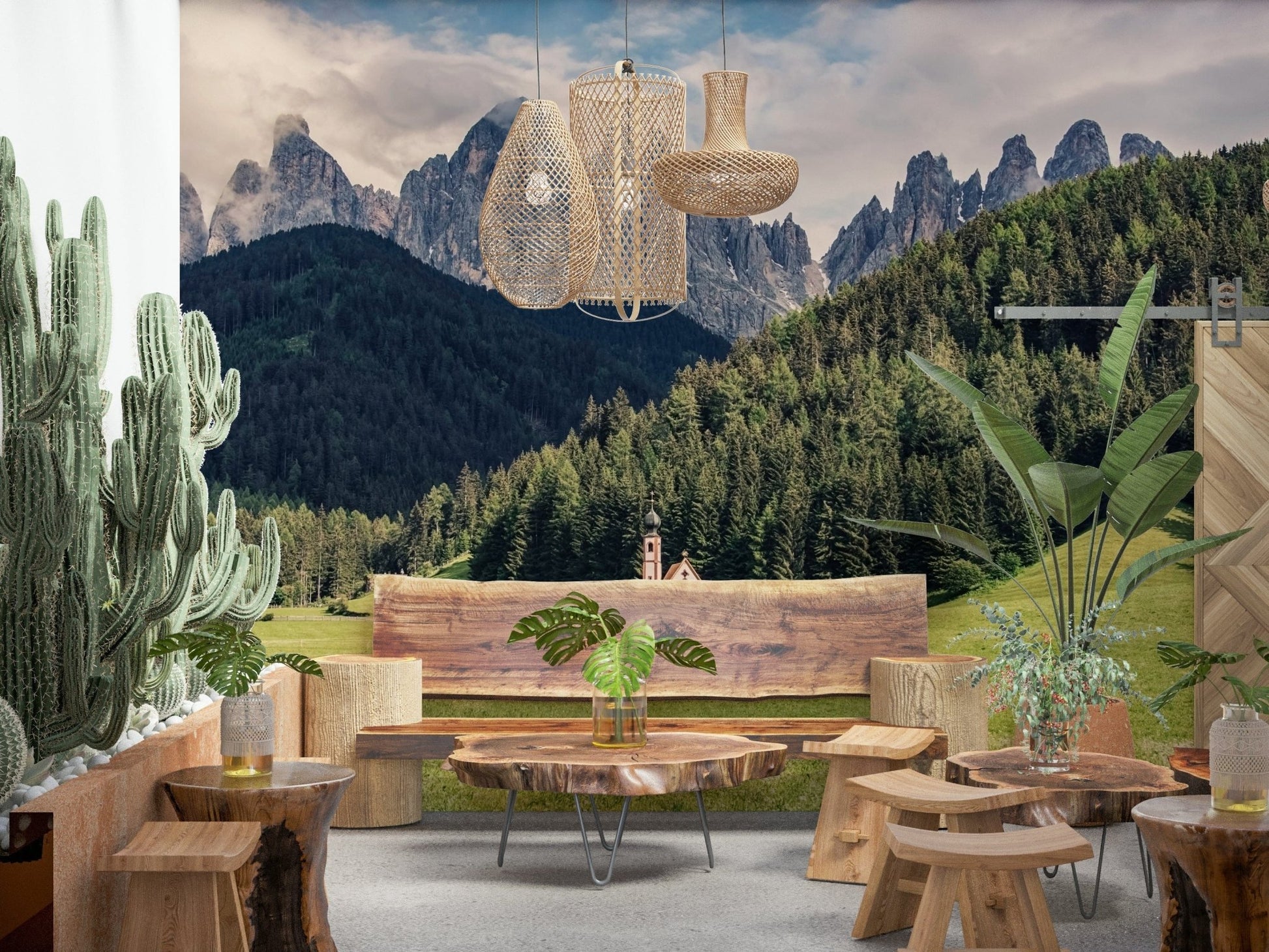 Serene view, small church, towering peaks, Alpine Chapel Vista wall covering.