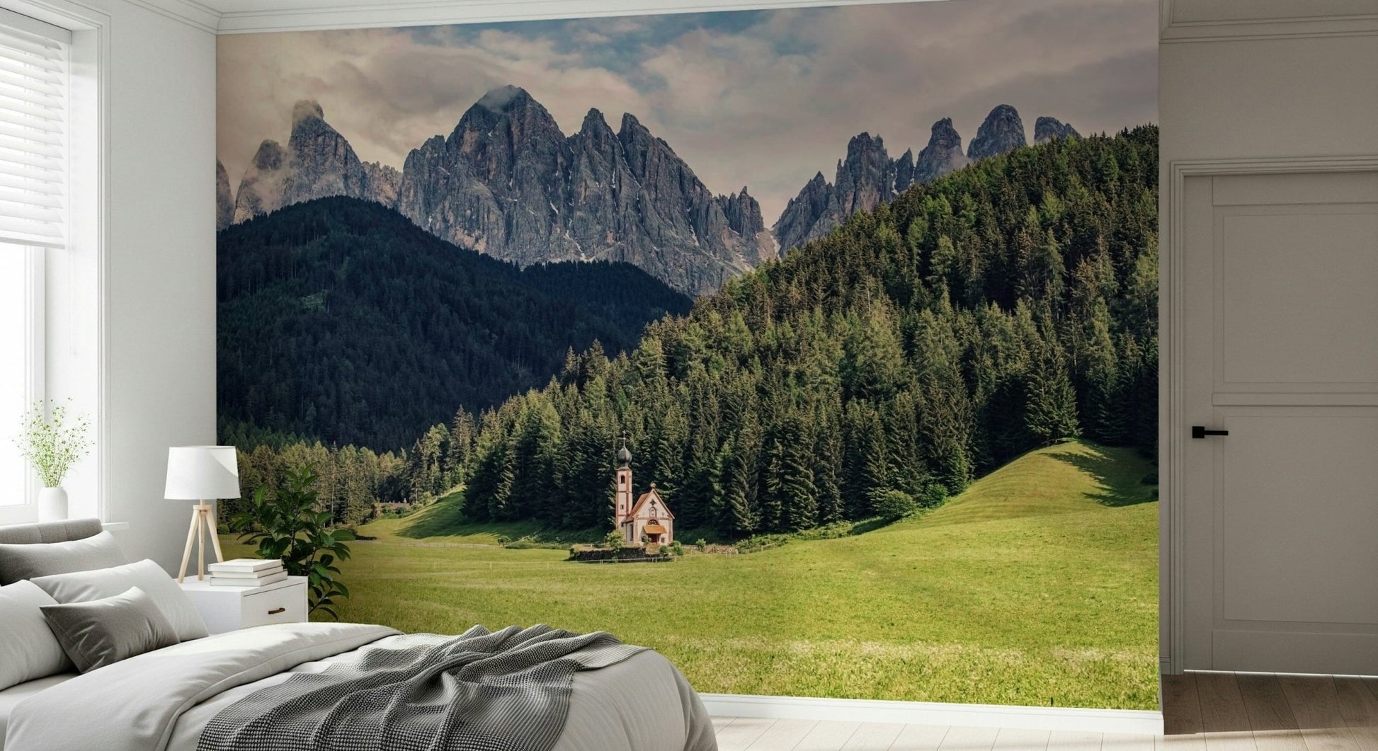 Tranquil valley, dark forest, stone church, Alpine Chapel Vista decor.