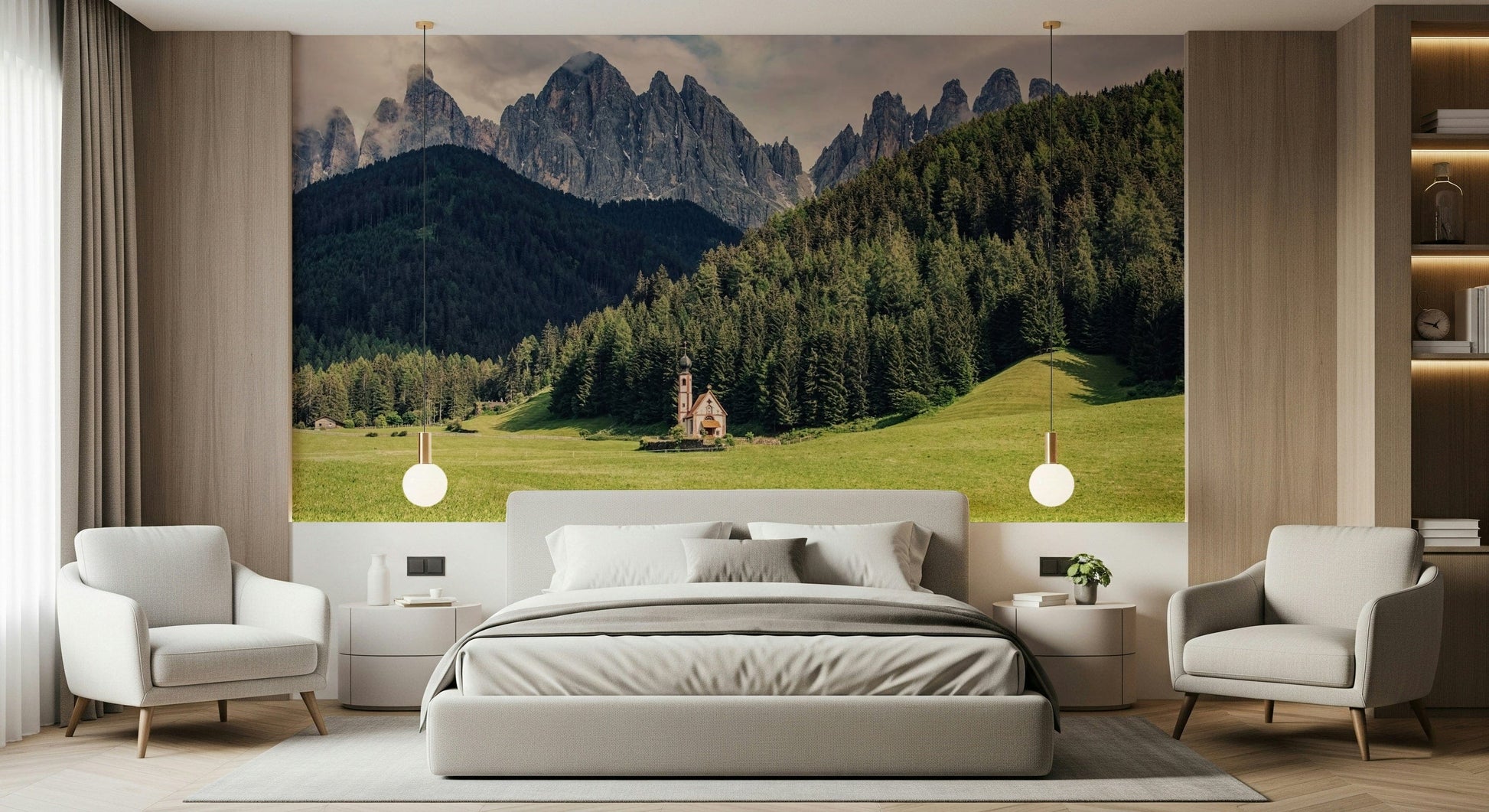 Meadow vista, grey stone mountains, Alpine Chapel Vista home decoration.