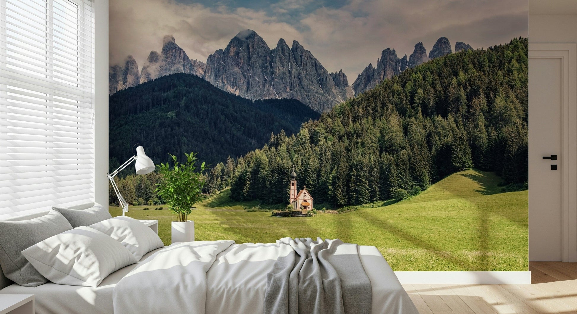 Alpine Chapel Vista sticker, scenic mountain range, peaceful atmosphere.