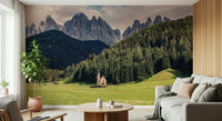 Outdoor scene, green field, dramatic peaks, Alpine Chapel Vista wall art.