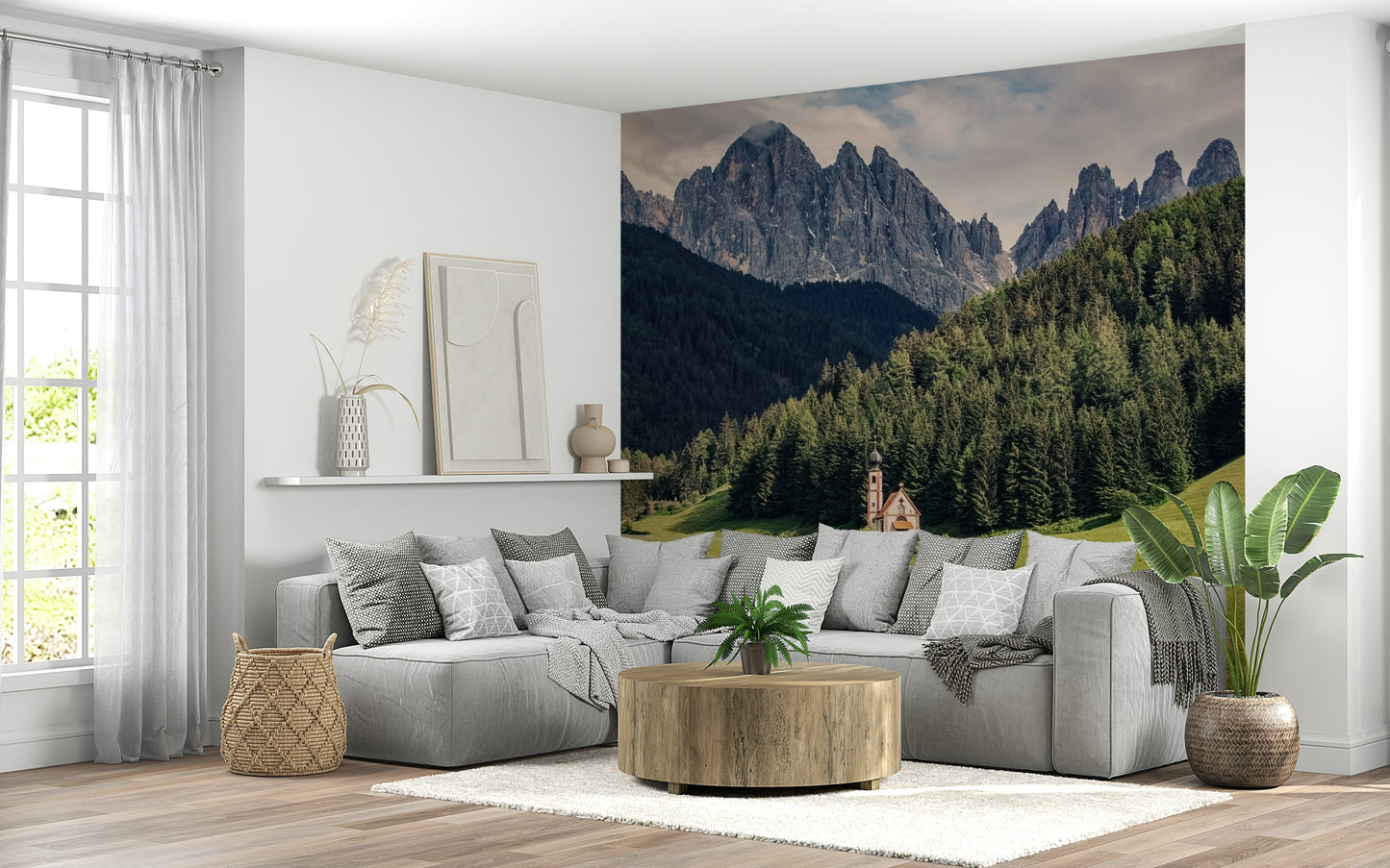 Alpine Chapel Vista mural print, stunning view of rocky spires.