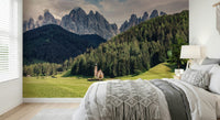 Charming chapel in a meadow, majestic mountains, Alpine Chapel Vista wallpaper.