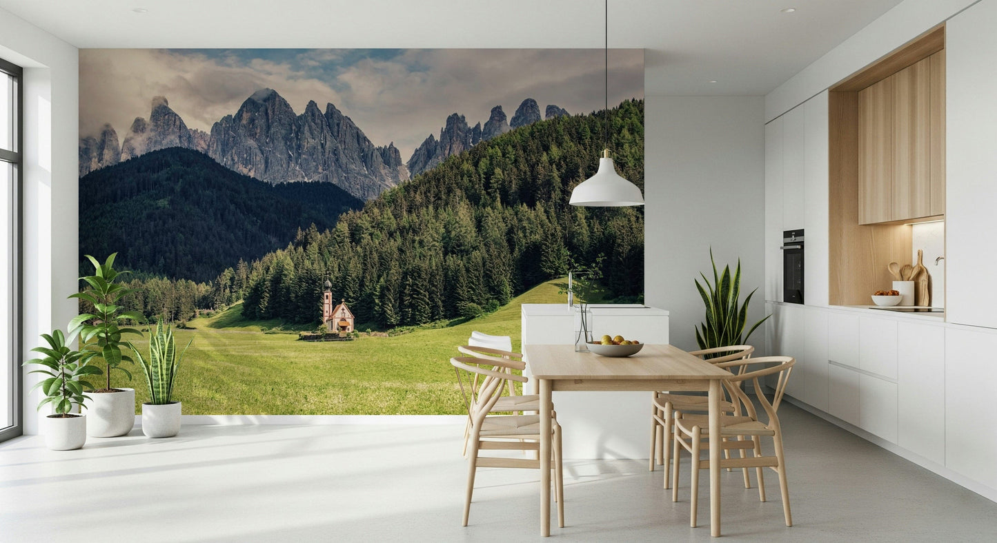 Alpine Chapel Vista wall mural featuring picturesque Italian Dolomites.