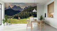 Alpine Chapel Vista wall mural featuring picturesque Italian Dolomites.