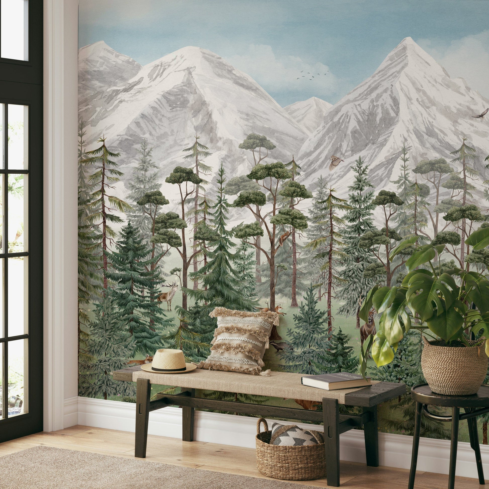 A calming serene mountain wallpaper mural that defines a space.

