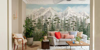 An artistic scenic vista mural on minimalist wallpaper.

