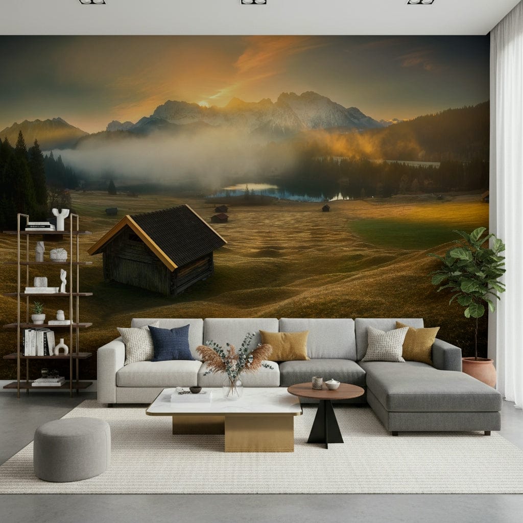 Alpine Dawn Hut wallpaper adding warmth and natural beauty to home interiors.