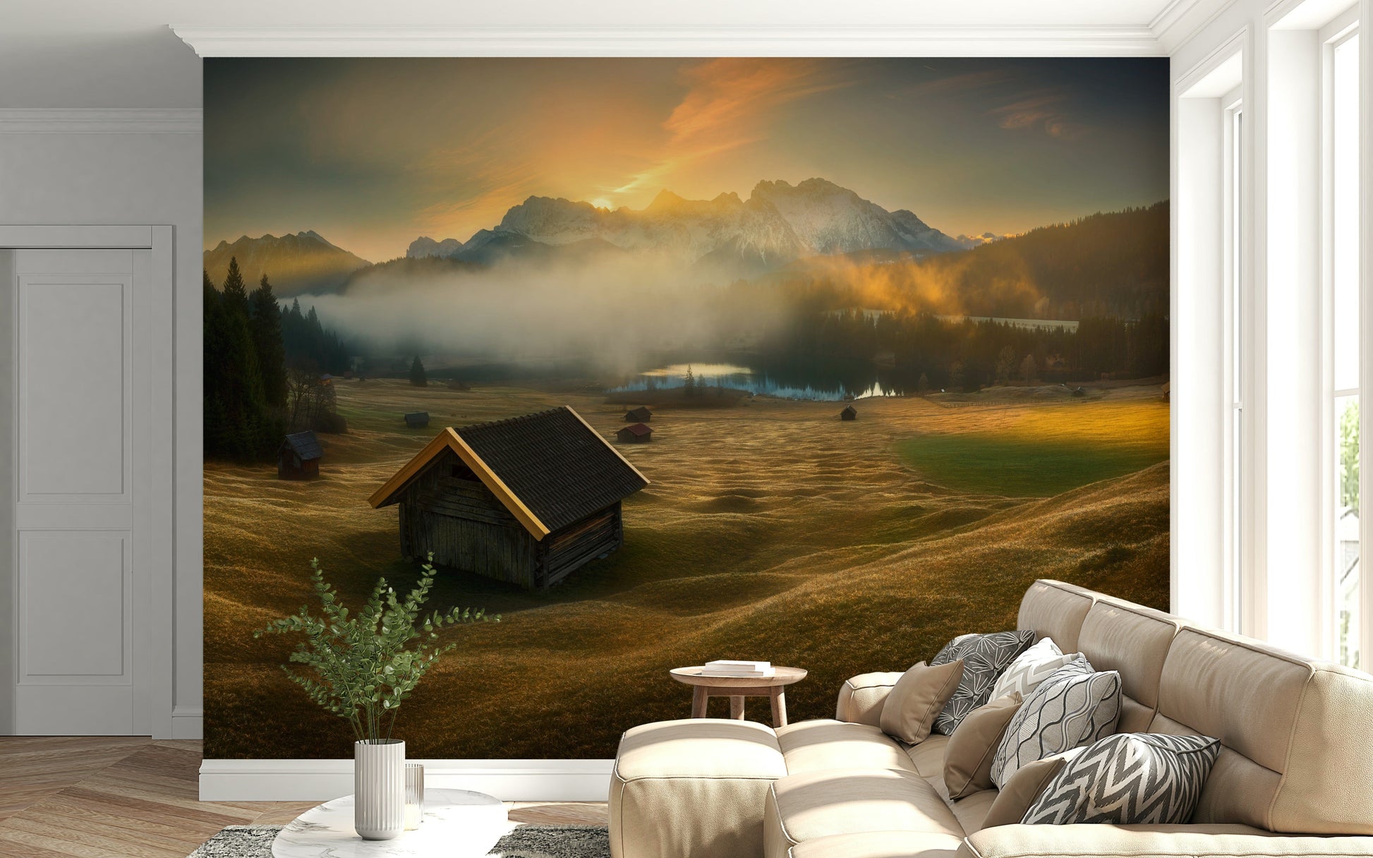 Wall mural featuring a quaint alpine hut with soft dawn sky and scenic mountains.