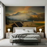 Alpine Dawn Hut mural with misty peaks and warm early morning tones.
