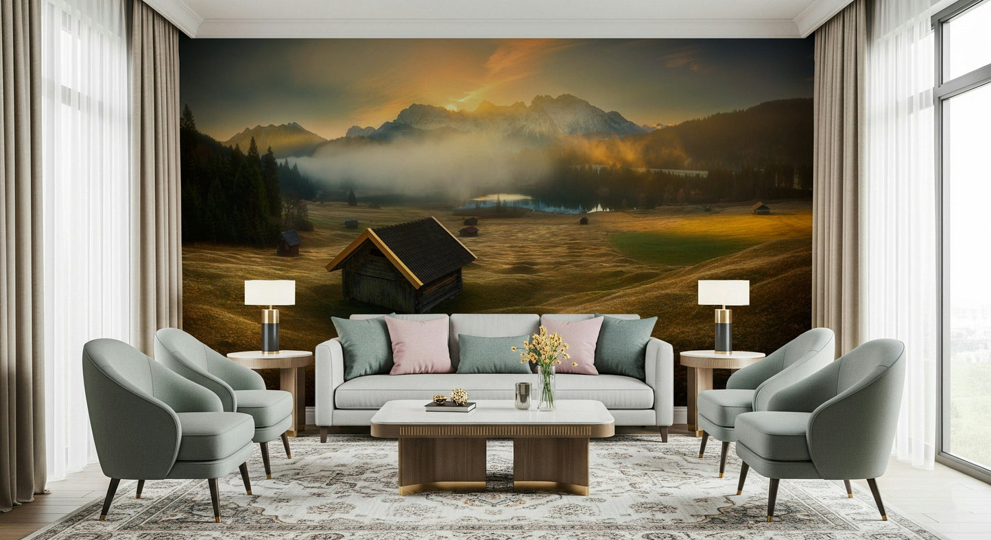 Scenic wall mural with an alpine cabin surrounded by mountains and morning light.