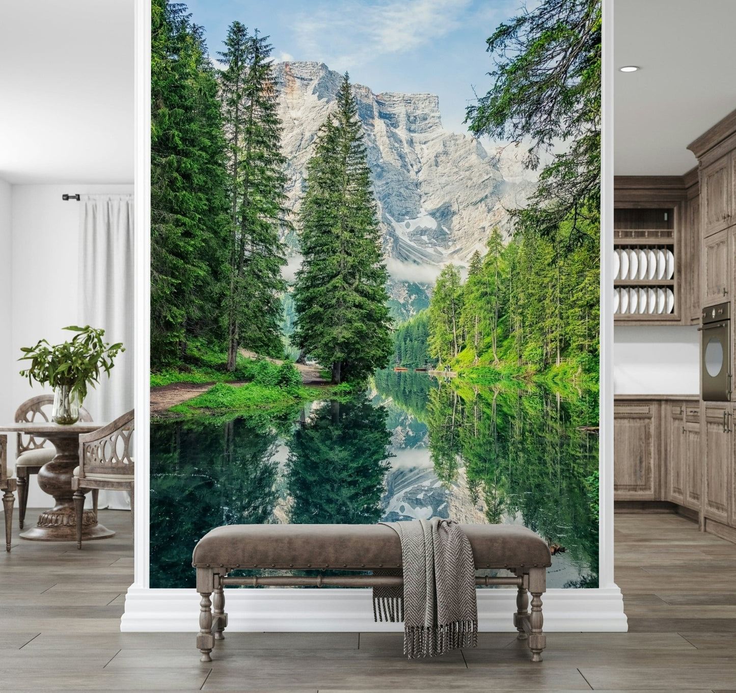 Alpine Lake Reflection scenery premium wall product towering pines.
