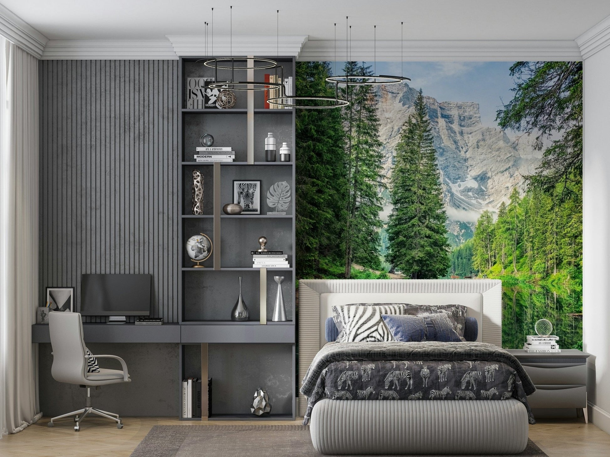 Majestic Alpine Lake Reflection wall mural serene water mountain view.