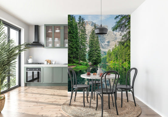 Alpine Lake Reflection wallpaper forest peak water scenic mural.