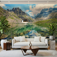 Pristine mountain valley mural, Alpine Lake Serenity backdrop.