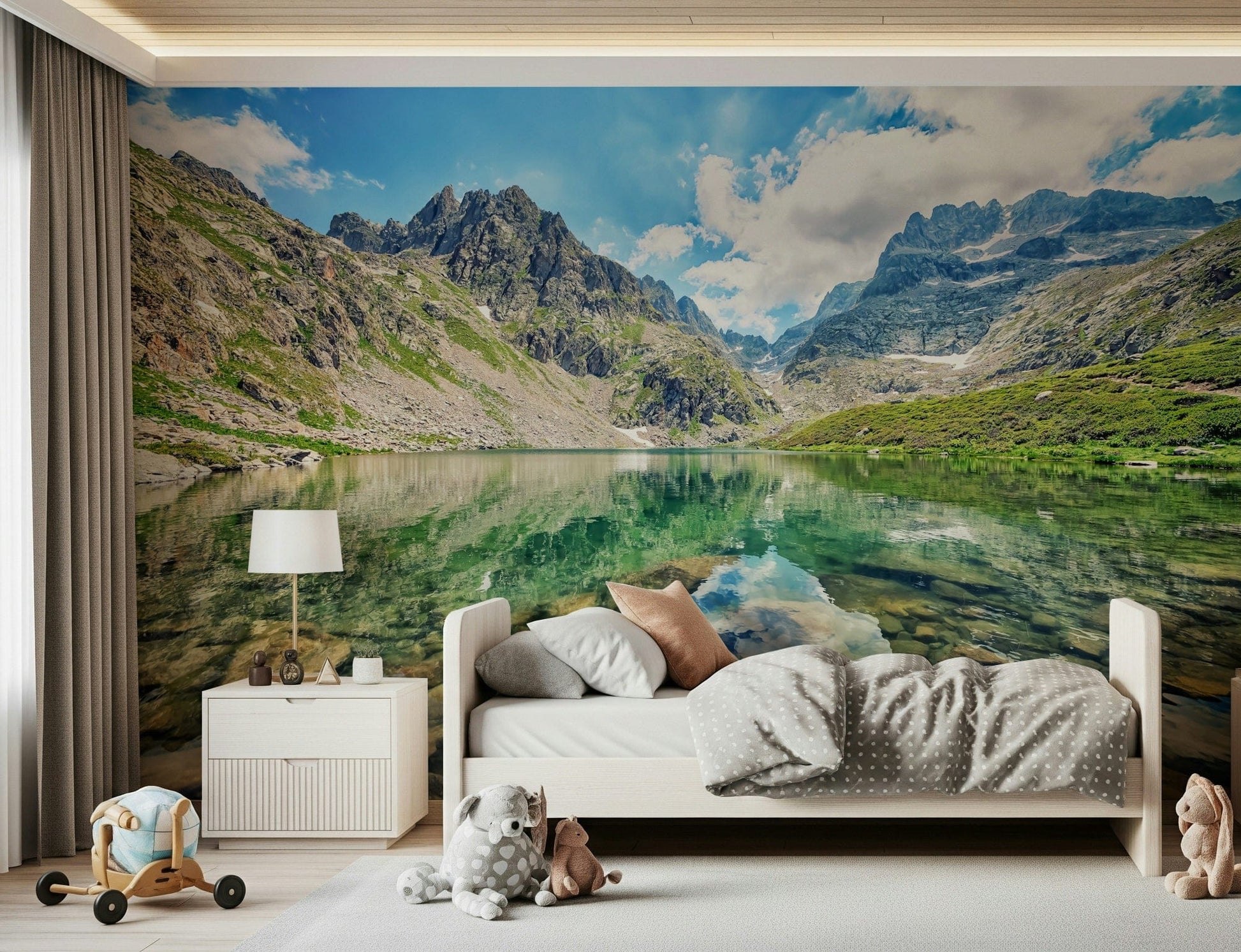 Majestic rocky peaks view, Alpine Lake Serenity wall covering.