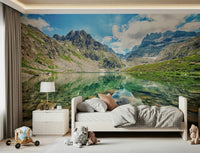 Majestic rocky peaks view, Alpine Lake Serenity wall covering.