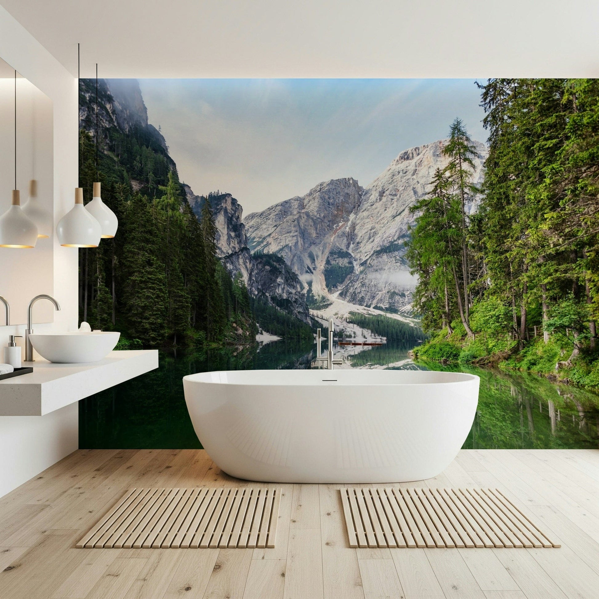 Alpine Reflections wallpaper mural of the lake and Dolomite peaks behind a freestanding white bathtub in a bathroom