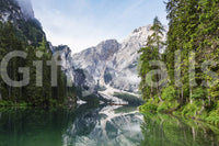Alpine Reflections wallpaper mural shown as a full-wall view of grey Dolomite peaks mirrored on a green alpine lake