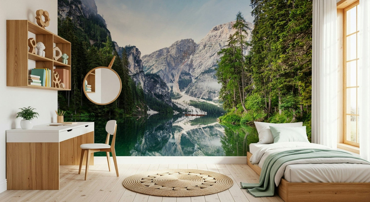 Alpine Reflections wallpaper mural of the lake and peaks behind a white desk and single bed in a kids room