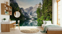 Alpine Reflections wallpaper mural of the lake and peaks behind a white desk and single bed in a kids room
