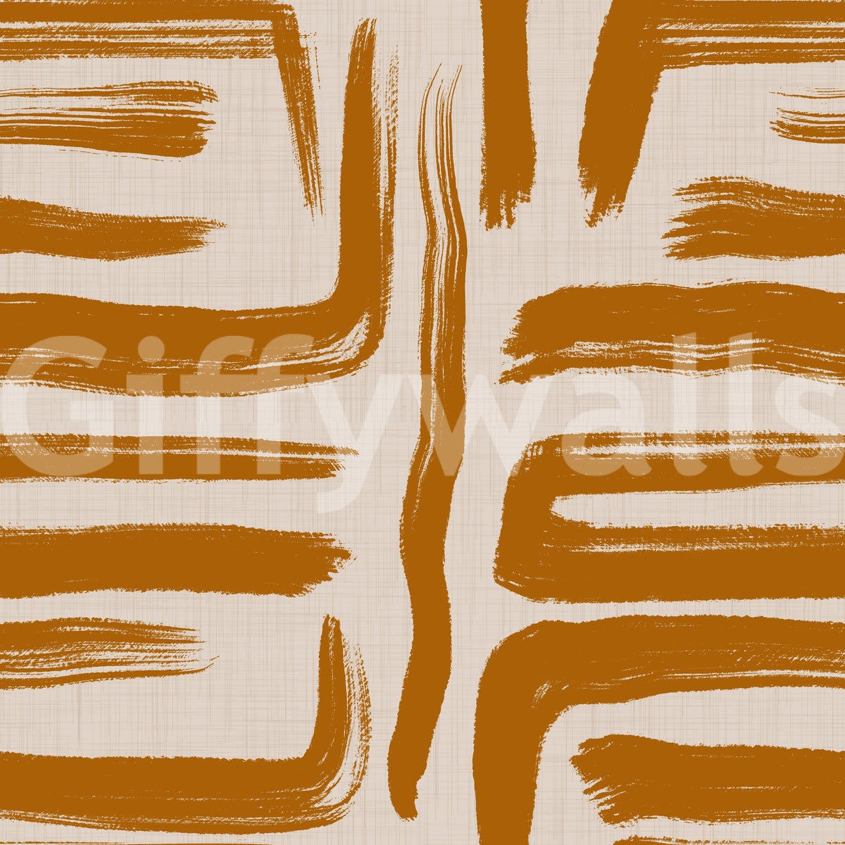 Amber Brushstrokes mid century modern wallpaper close-up showing the pattern detail of golden brushstrokes on linen-textured beige