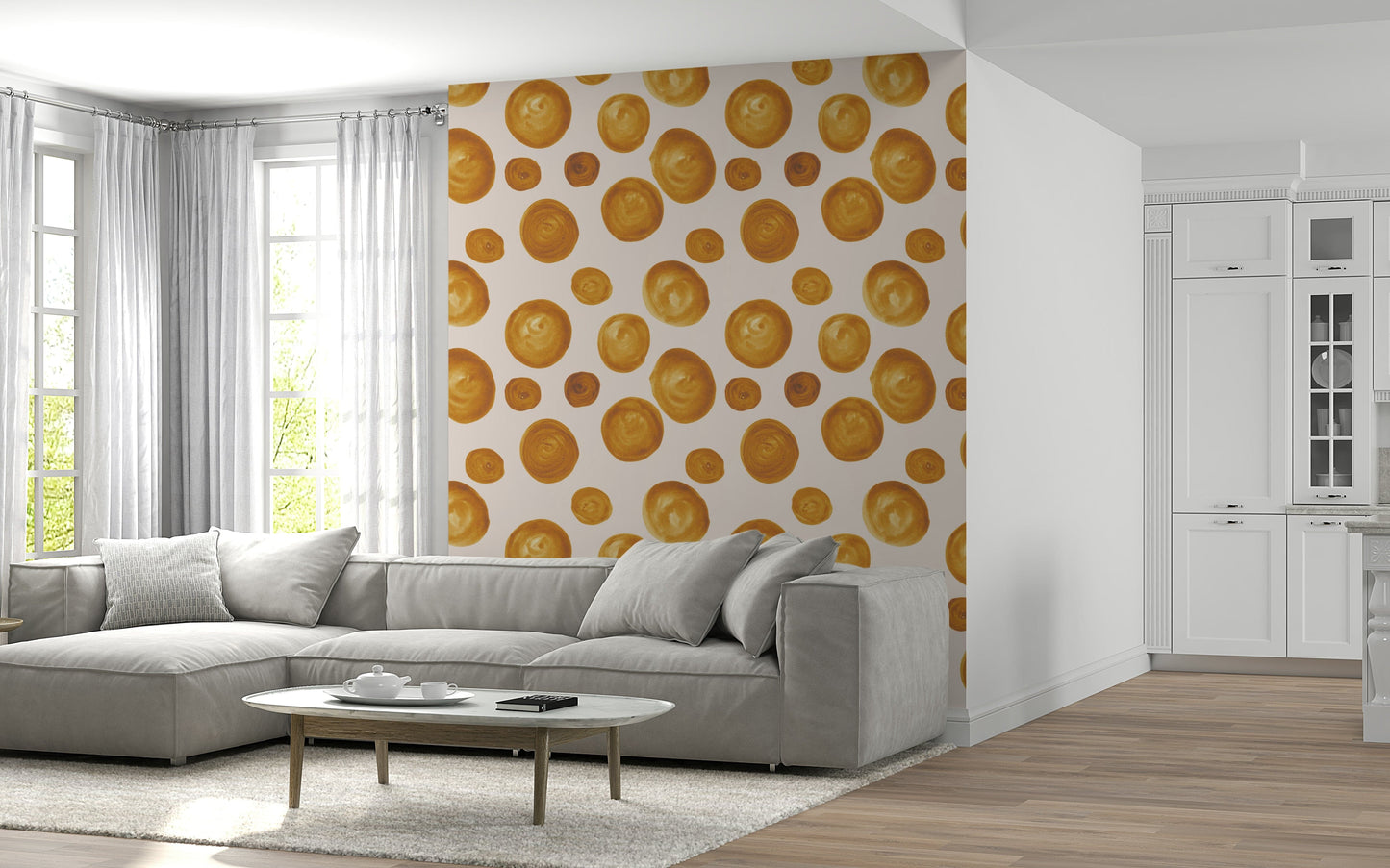 Amber-colored circles arranged in a gentle, repeating geometric layout.