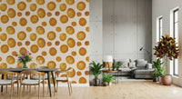 Warm amber circles wallpaper adding a golden, inviting ambiance.
