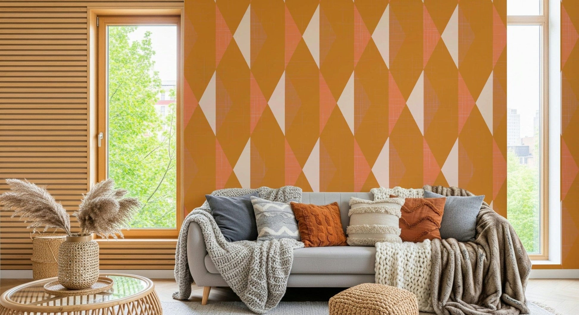 Amber pattern wall mural refreshes cozy sofa wall