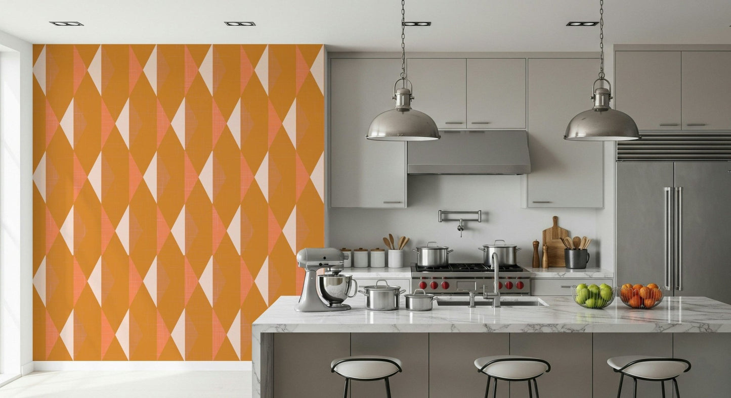 Retro geometric wall mural enhances kitchen