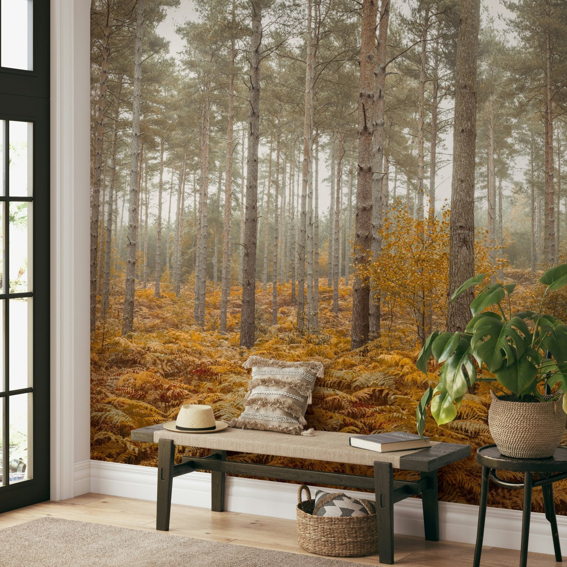 A wall mural featuring a peaceful, natural forest scene.


