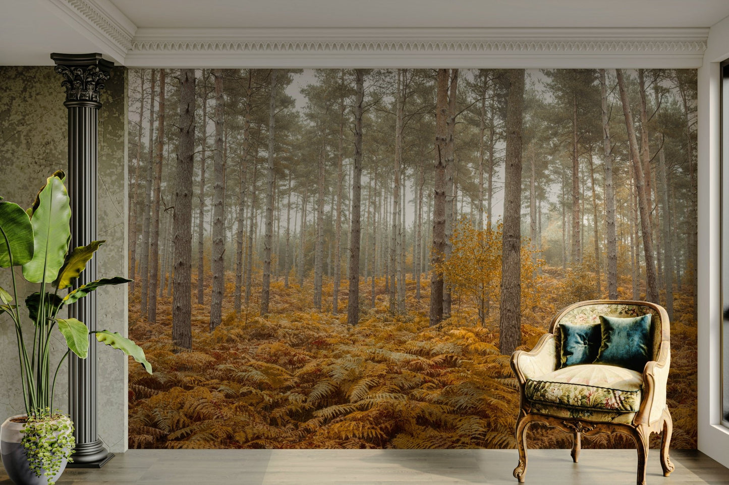 The image shows a full wall with a deep amber and golden forest view.

