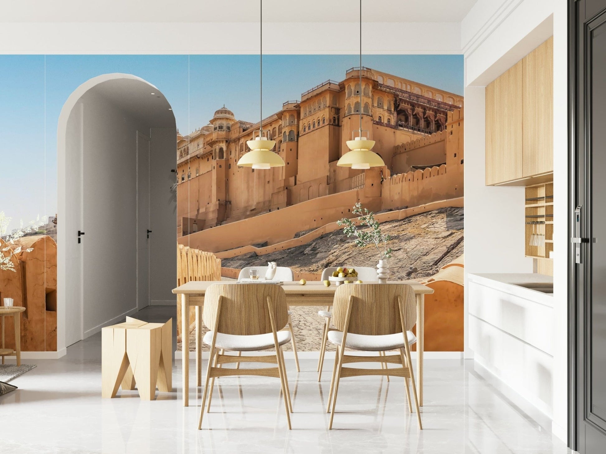 Amber Fort Grandeur, intricate fort walls, ideal wallpaper design.